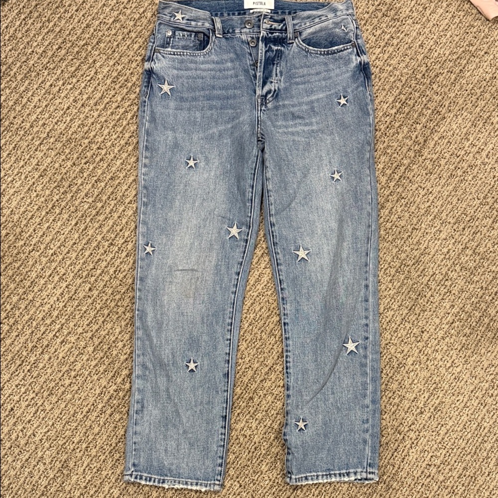 pistola Light Blue Straight Leg Jeans with Star Appliqués